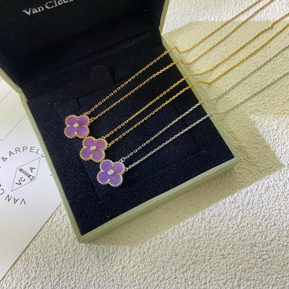 [⭐Spark Jewelry]CLOVER 15MM DIAMOND  PURPLE VIOLET NECKLACE