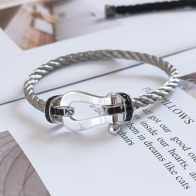 [⭐Spark]FORCE LARGE HORSESHOE BLACK DIAMOND BRACELET SILVER