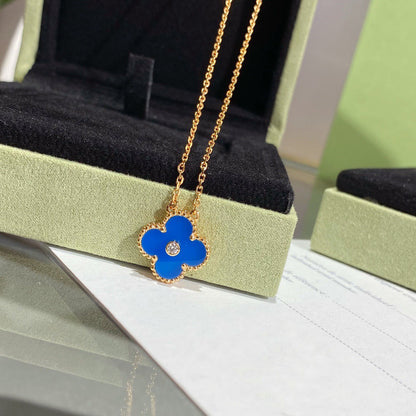 [⭐Spark]CLOVER 15MM DIAMOND AND BLUE AGATE NECKLACE