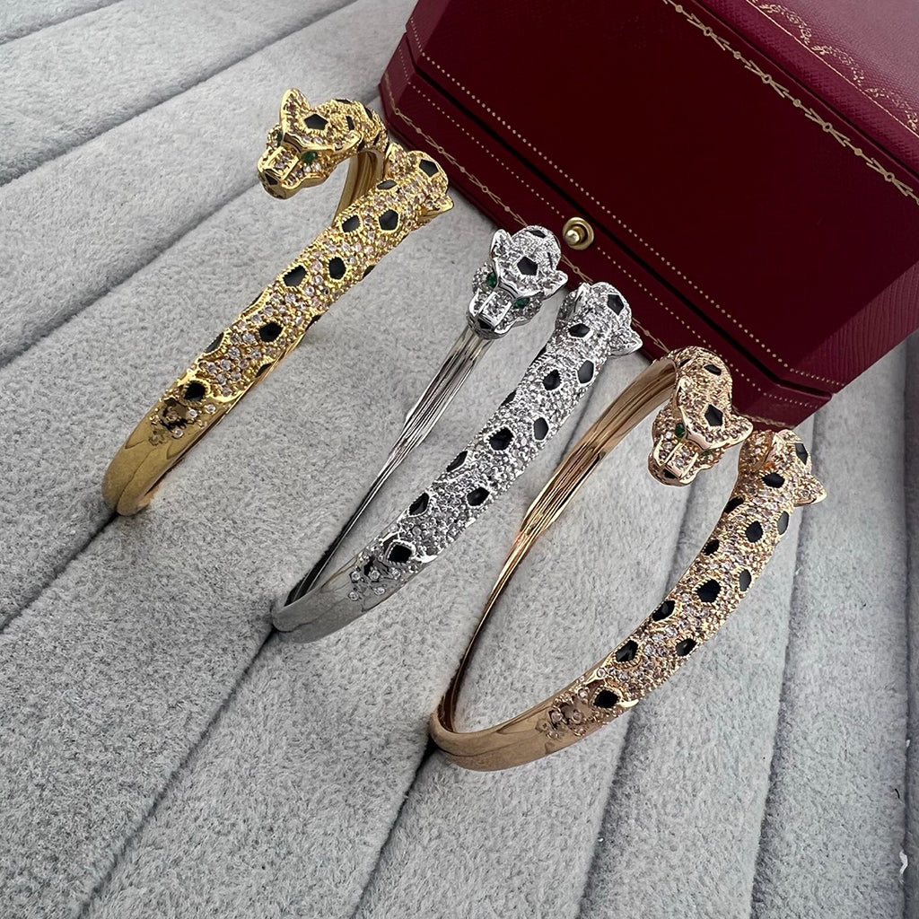 [⭐Spark]PANTHERE DOUBLE HEADED HALF DIAMOND OPEN BRACELET