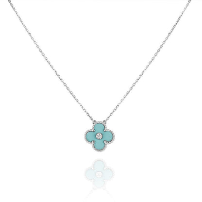 [⭐Spark]CLOVER 1 DIAMOND LIGHT BLUE SILVER NECKLACE