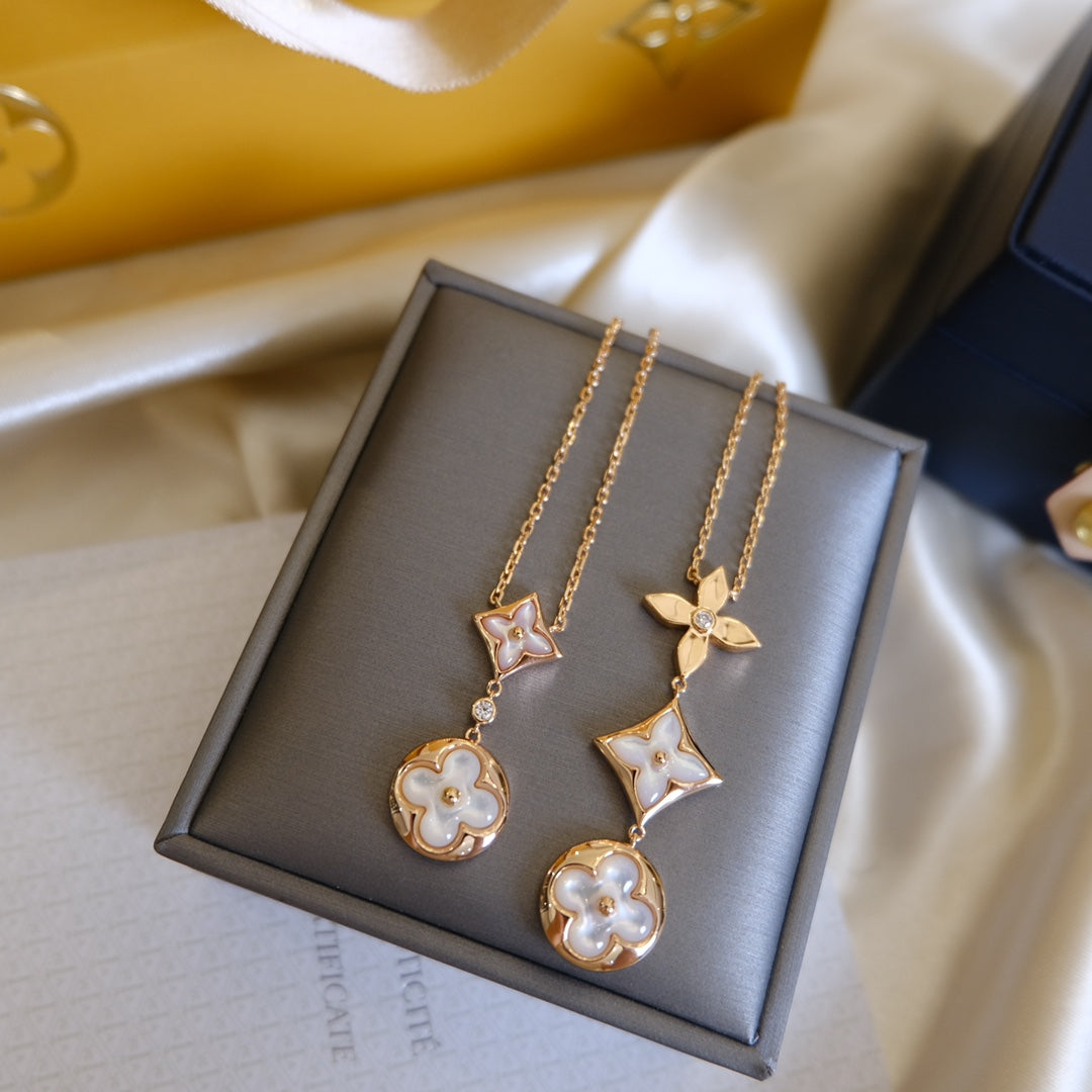 [⭐Spark]COLOR BLOSSOM LARIAT NECKLACE PINK GOLD WHITE MOTHER PEARL AND DIAMOND