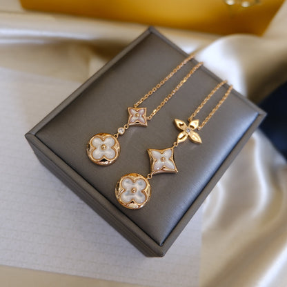 [⭐Spark]COLOR BLOSSOM LARIAT NECKLACE PINK GOLD WHITE MOTHER PEARL AND DIAMOND