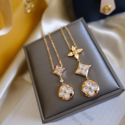 [⭐Spark]COLOR BLOSSOM LARIAT NECKLACE PINK GOLD WHITE MOTHER PEARL AND DIAMOND