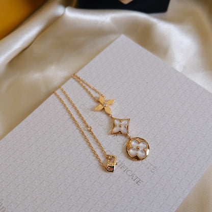 [⭐Spark]COLOR BLOSSOM LARIAT NECKLACE PINK GOLD WHITE MOTHER PEARL AND DIAMOND