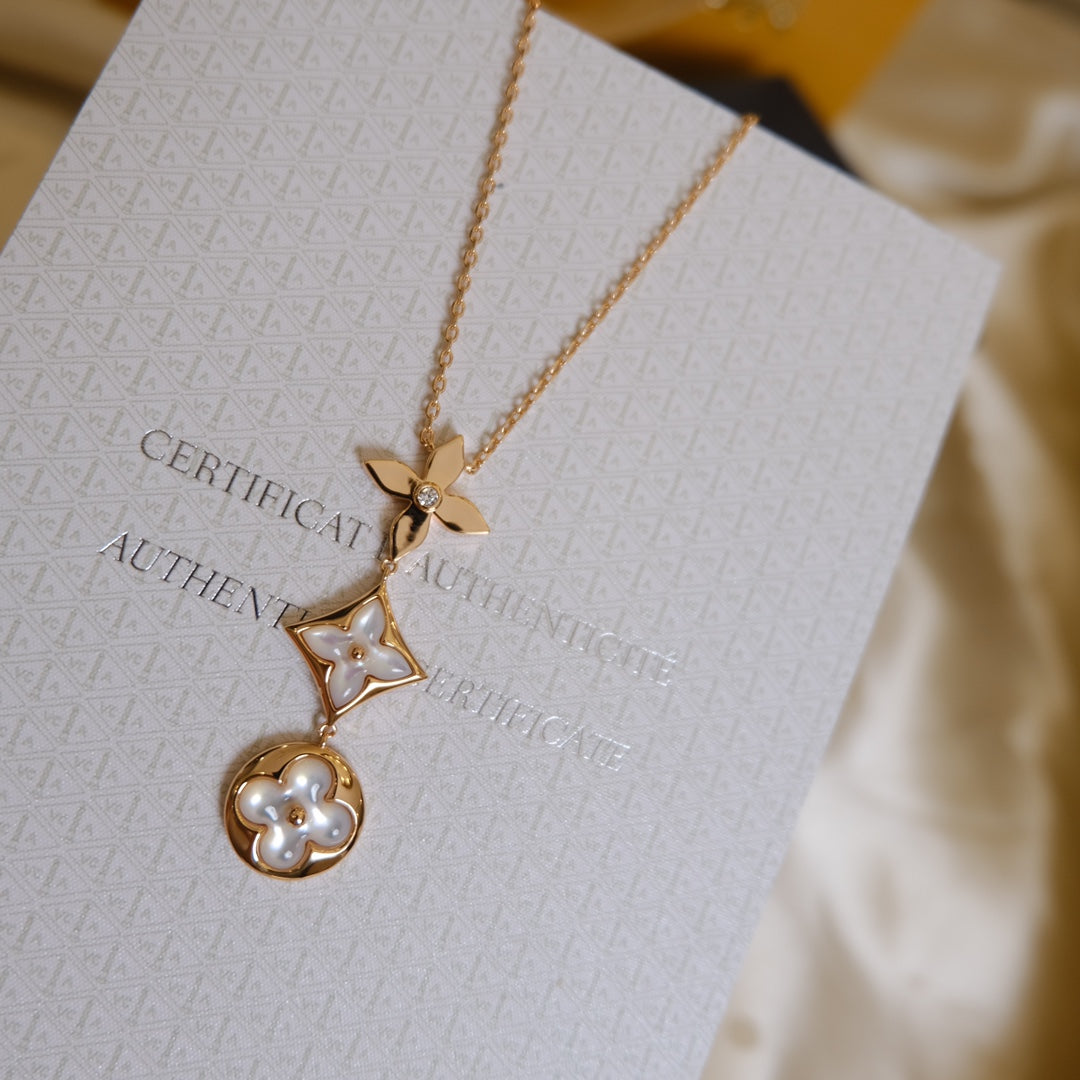 [⭐Spark]COLOR BLOSSOM LARIAT NECKLACE PINK GOLD WHITE MOTHER PEARL AND DIAMOND