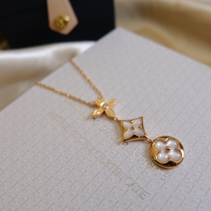 [⭐Spark]COLOR BLOSSOM LARIAT NECKLACE PINK GOLD WHITE MOTHER PEARL AND DIAMOND