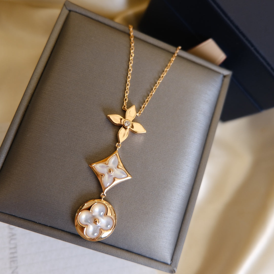 [⭐Spark]COLOR BLOSSOM LARIAT NECKLACE PINK GOLD WHITE MOTHER PEARL AND DIAMOND