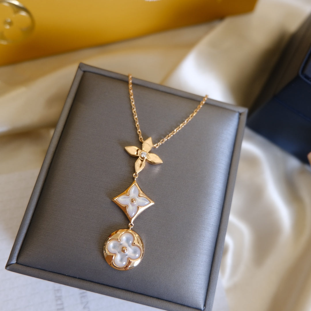 [⭐Spark]COLOR BLOSSOM LARIAT NECKLACE PINK GOLD WHITE MOTHER PEARL AND DIAMOND