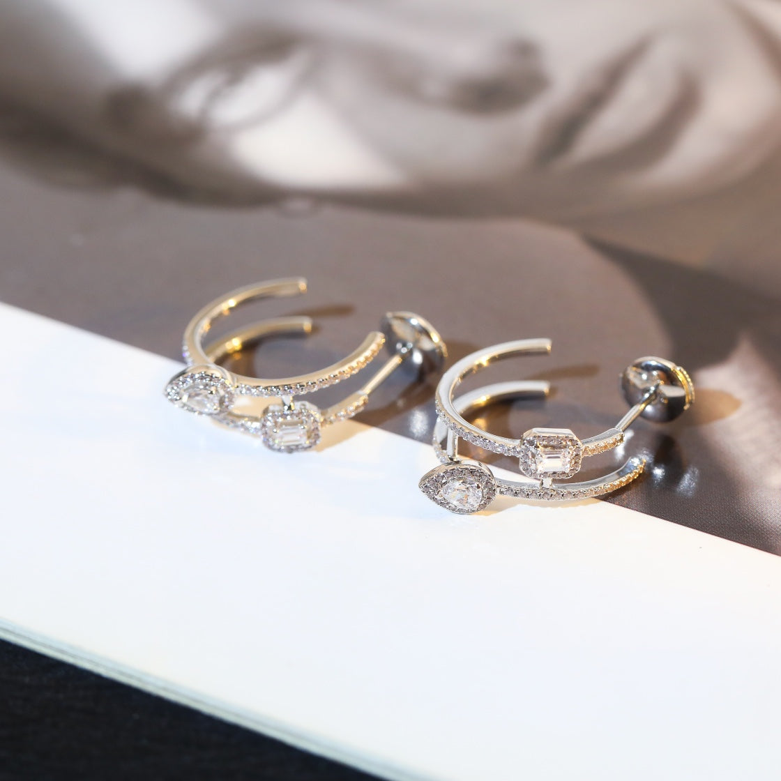 [⭐Spark]CREOLES MY TWIN 2 RANGS SILVER DIAMOND EARRINGS
