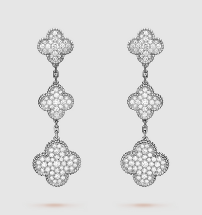 [⭐Spark]CLOVER 3 MOTIF DIAMOND SILVER DROP EARRINGS