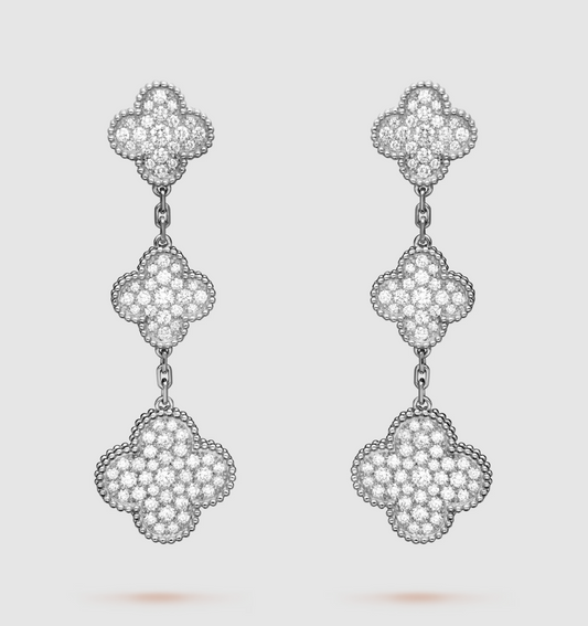 [⭐Spark]CLOVER 3 MOTIF DIAMOND SILVER DROP EARRINGS