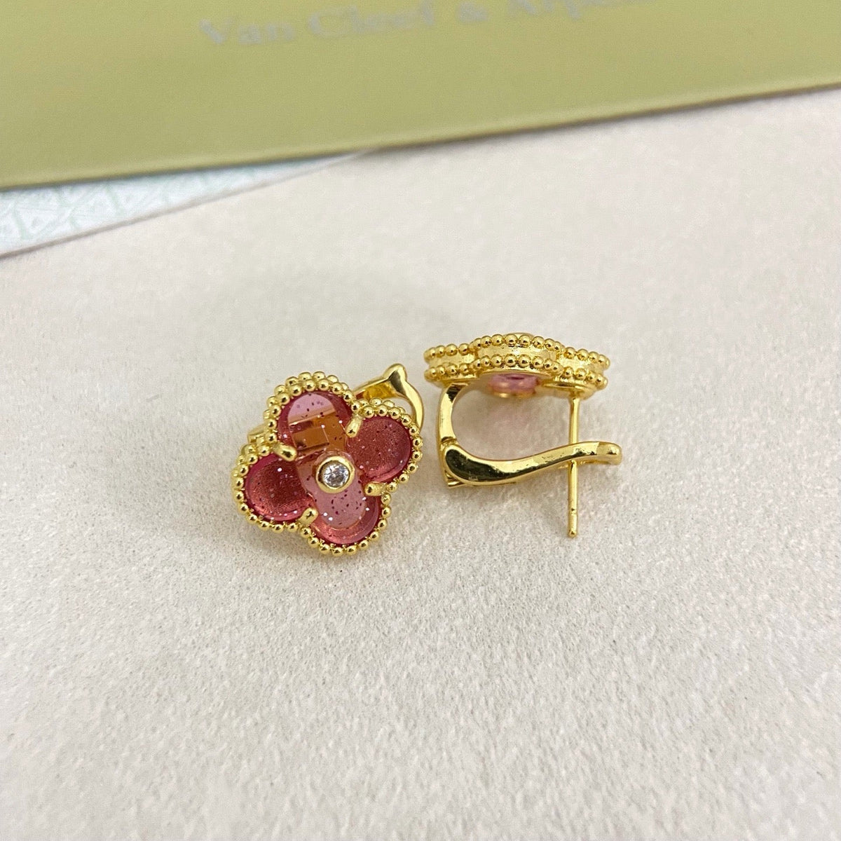 [⭐Spark]2026 NEW  CLOVER 1 MOTIFPINK ENAMEL STUD EARRINGS WITH DIAMONDS2