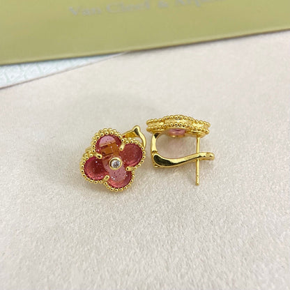[⭐Spark]2026 NEW  CLOVER 1 MOTIFPINK ENAMEL STUD EARRINGS WITH DIAMONDS2