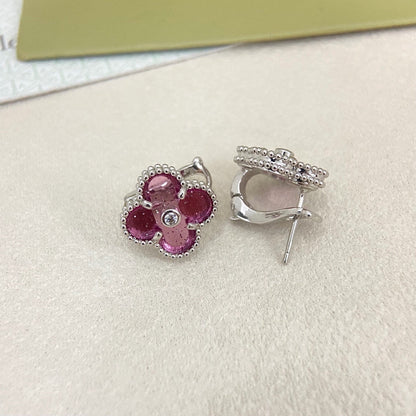 [⭐Spark]2026 NEW  CLOVER 1 MOTIFPINK ENAMEL STUD EARRINGS WITH DIAMONDS2
