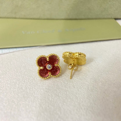 [⭐Spark]2026 NEW  CLOVER 1 MOTIFPINK ENAMEL STUD EARRINGS WITH DIAMONDS