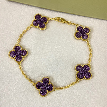 [⭐Spark]NEW PURPLE SAND-GOLD FOUR-LEAF CLOVER 5-FLOWER BRACELET