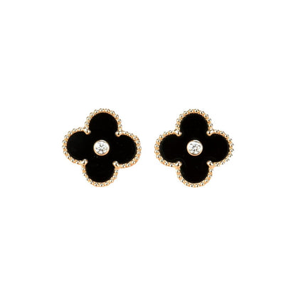 [⭐Spark]CLOVER MEDIUM 1 MOTIFS ONYX DIAMOND EARRINGS