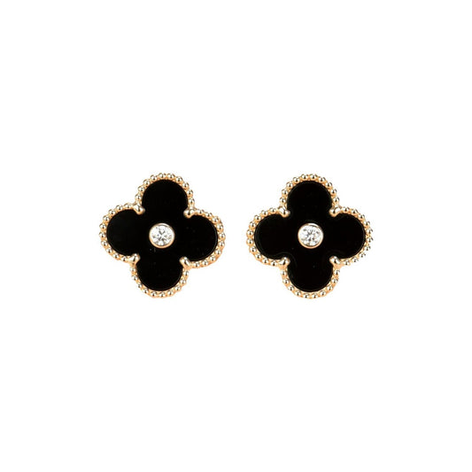 [⭐Spark]CLOVER MEDIUM 1 MOTIFS ONYX DIAMOND EARRINGS
