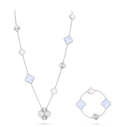 [⭐Spark]DETACHABLE CLOVER 15(11+4) FLOWER SILVER NECKLACE SET