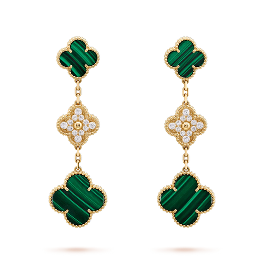 [⭐Spark]CLOVER EARRINGS GOLD MALACHITE DIAMOND 3 MOTIF