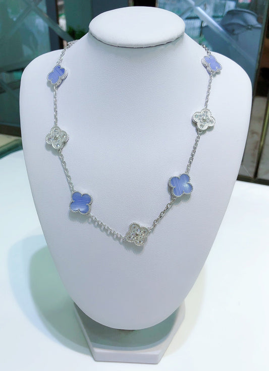 [⭐Spark]CLOVER 10 MOTIFS CHALCEDONY DIAMONDS SILVER NECKLACE