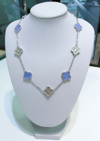 [⭐Spark]CLOVER 10 MOTIFS CHALCEDONY DIAMONDS SILVER NECKLACE