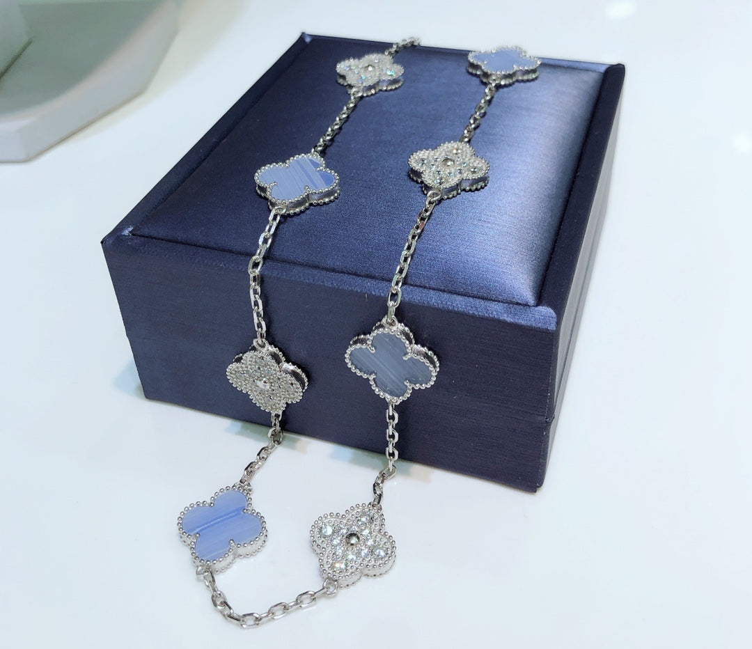 [⭐Spark]CLOVER 10 MOTIFS CHALCEDONY DIAMONDS SILVER NECKLACE