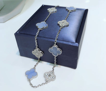 [⭐Spark]CLOVER 10 MOTIFS CHALCEDONY DIAMONDS SILVER NECKLACE
