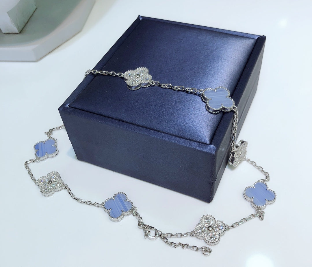 [⭐Spark]CLOVER 10 MOTIFS CHALCEDONY DIAMONDS SILVER NECKLACE