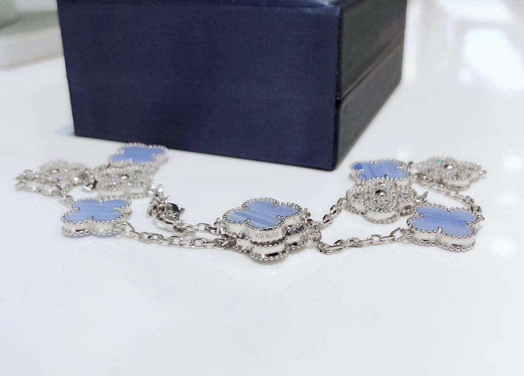 [⭐Spark]CLOVER 10 MOTIFS CHALCEDONY DIAMONDS SILVER NECKLACE
