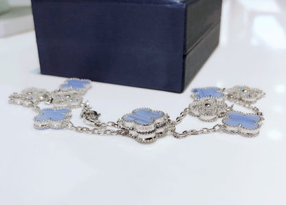 [⭐Spark]CLOVER 10 MOTIFS CHALCEDONY DIAMONDS SILVER NECKLACE