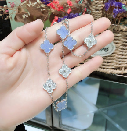 [⭐Spark]CLOVER 10 MOTIFS CHALCEDONY DIAMONDS SILVER NECKLACE